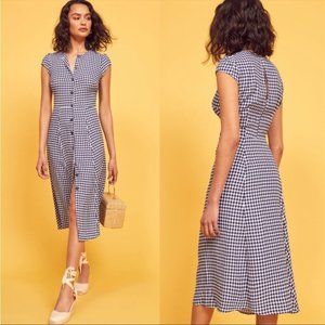 Reformation Fauna Button Front Midi Dress in Madison Check Blue